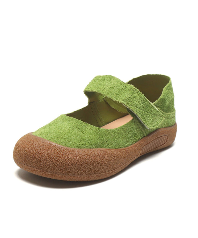 Chaussures plates décontractées vertes à boucle et bride en daim