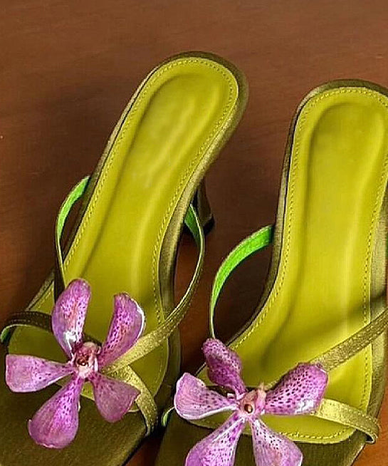 Sandales à talons hauts et à fleurs, vertes, à bout ouvert, avec épissure