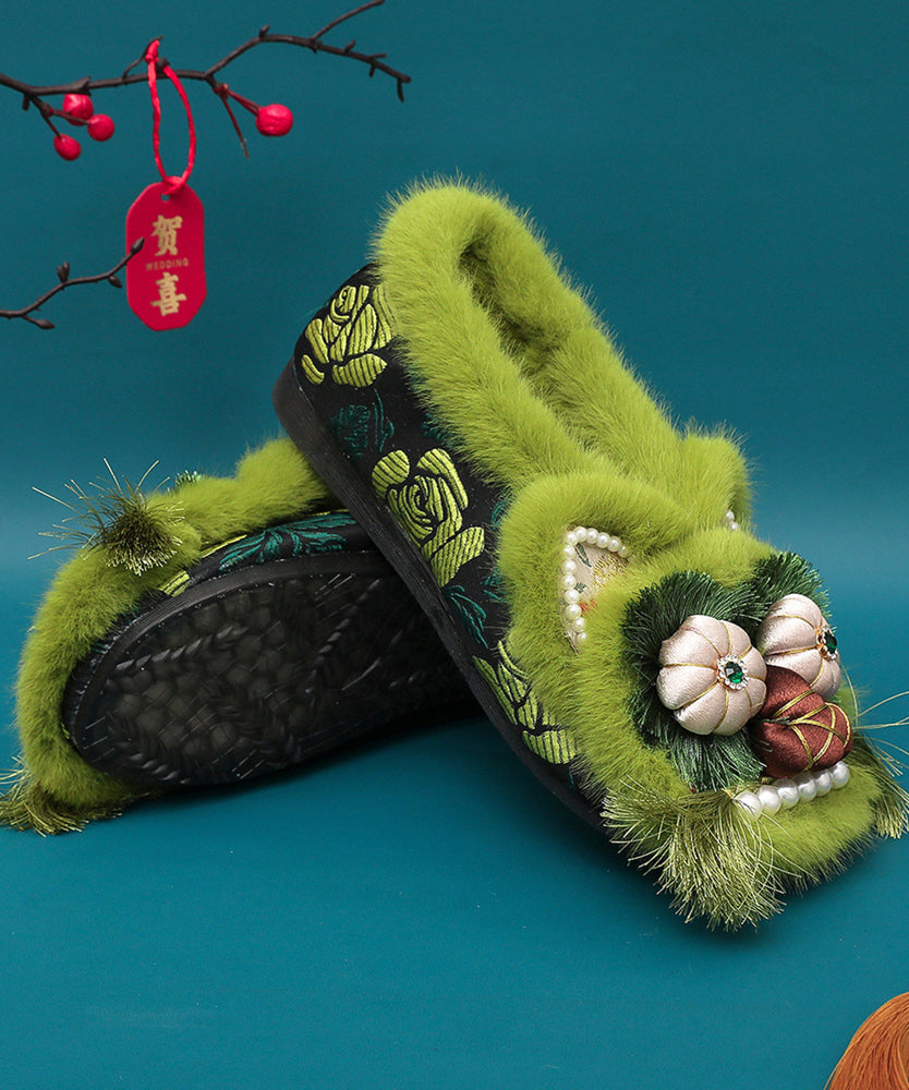 Grüne Fuzzy Wolle Gefüttert Retro Spleißen Flache Schuhe Stickerei TQ042