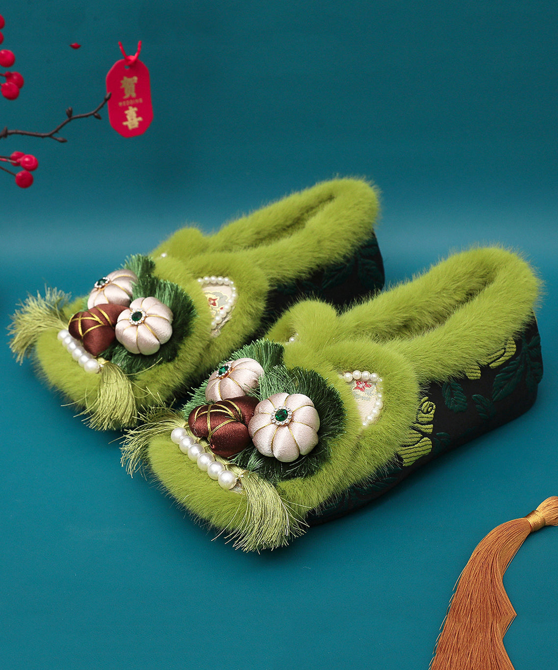 Grüne Fuzzy Wolle Gefüttert Retro Spleißen Flache Schuhe Stickerei TQ042