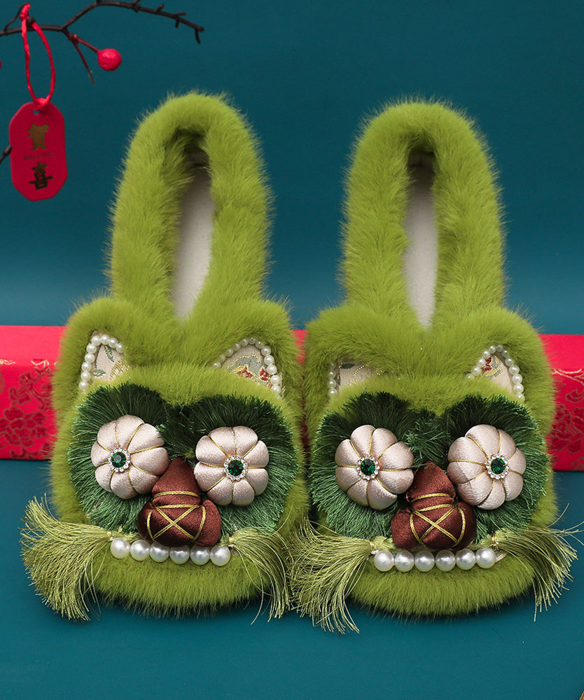 Grüne Fuzzy Wolle Gefüttert Retro Spleißen Flache Schuhe Stickerei TQ042