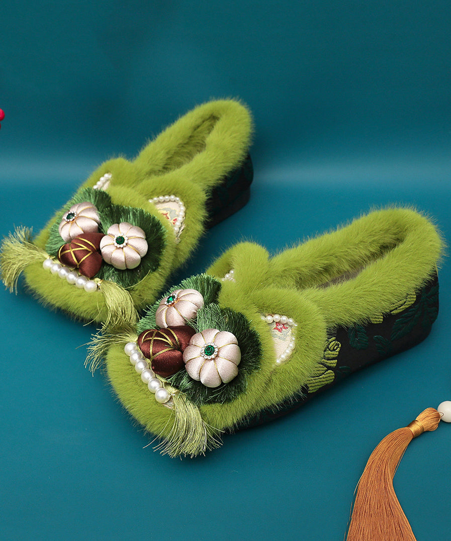 Grüne Fuzzy Wolle Gefüttert Retro Spleißen Flache Schuhe Stickerei TQ042