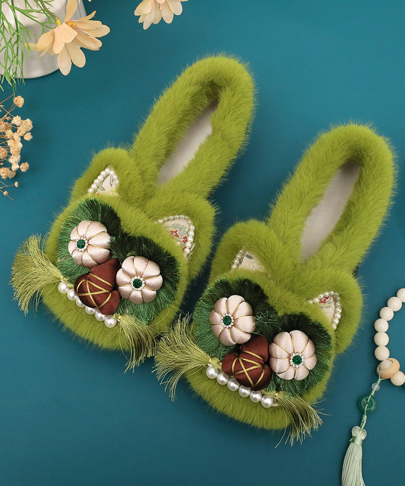 Grüne Fuzzy Wolle Gefüttert Retro Spleißen Flache Schuhe Stickerei TQ042