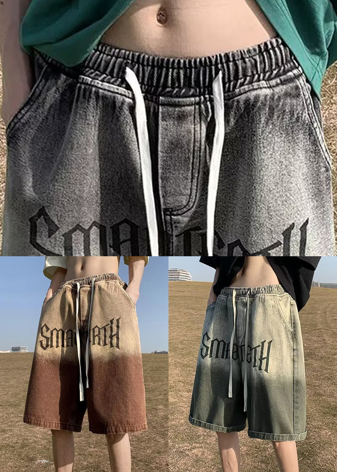 Elastische Taschen Grüne Farbe Buchstaben Herren Taille Gradient Shorts