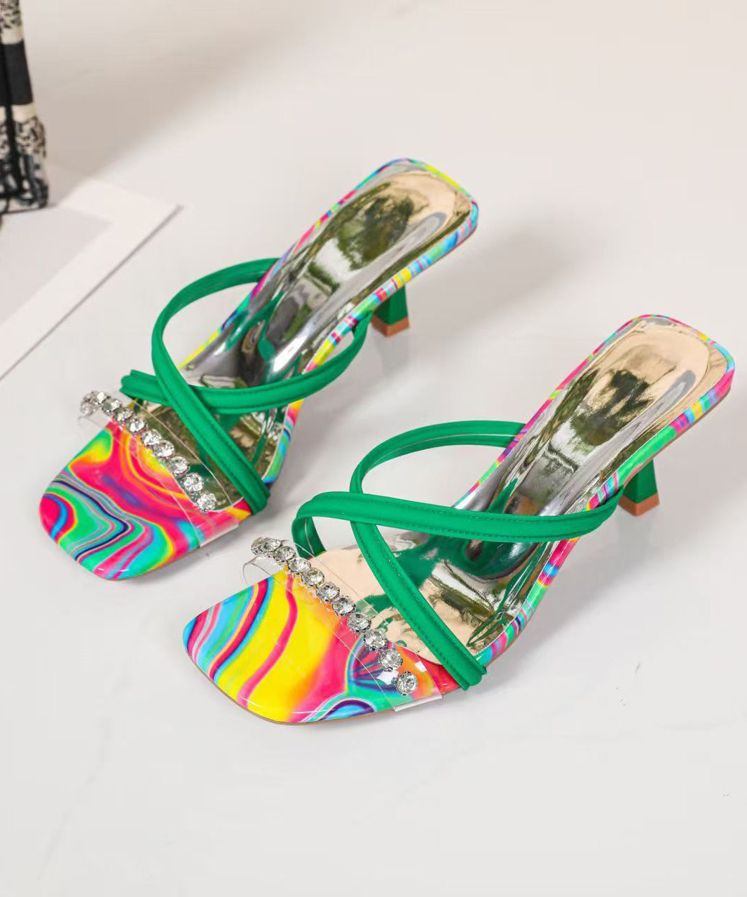 High Splicing Zircon Green Slide Heel Faux Beautiful Leather