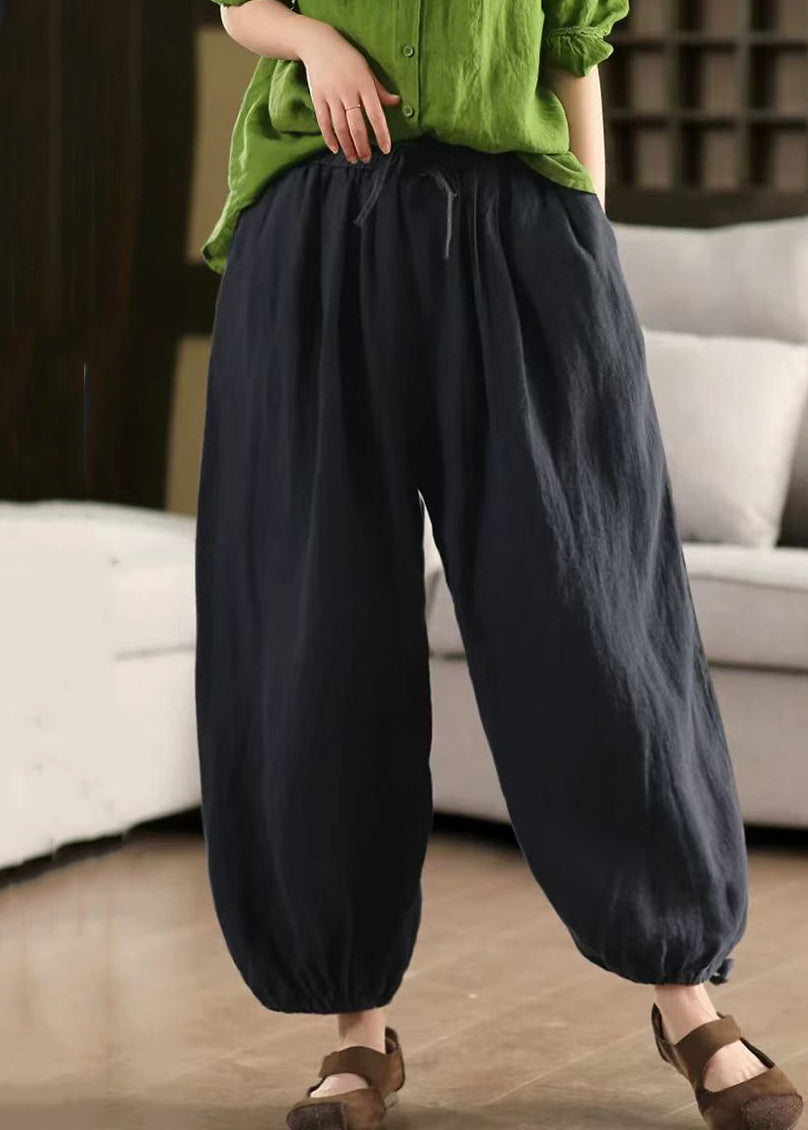 Pantalon d'été uni à lacets, taille élastique en lin, vert court