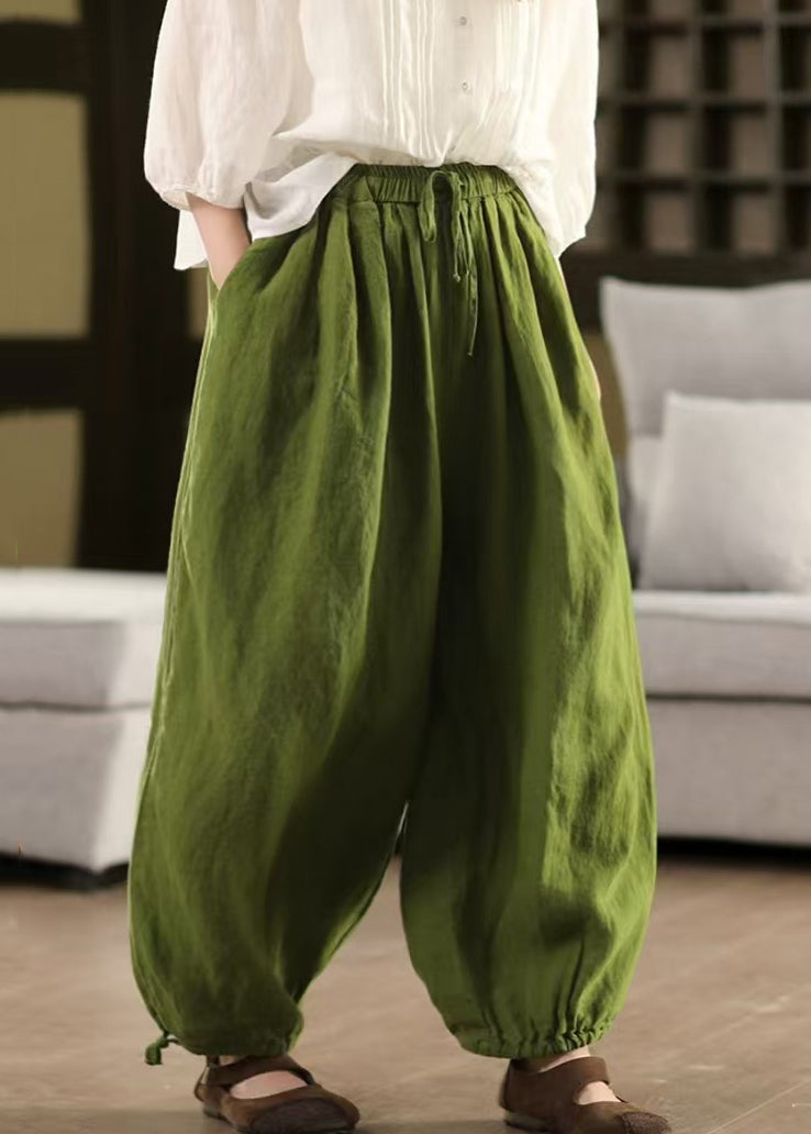 Pantalon d'été uni à lacets, taille élastique en lin, vert court