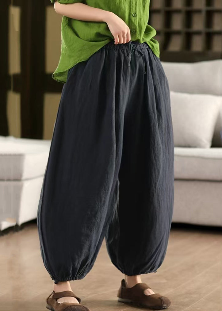Pantalon d'été uni à lacets, taille élastique en lin, vert court