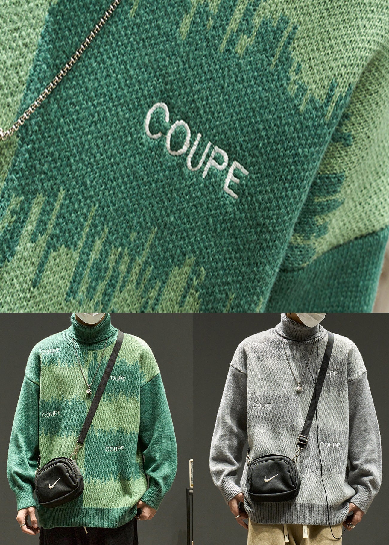 Grüner Buchstabe Lose Strickpullover für Herren Rollkragenpullover Winter RJ042