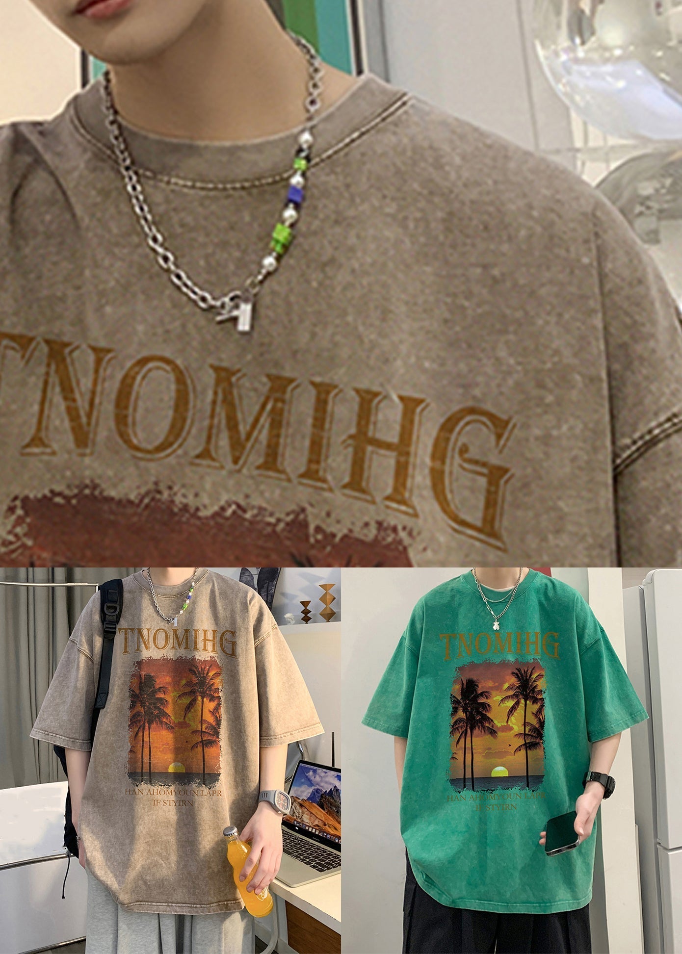 Grüner Buchstabedruckes Baumwoll-Grafik-T-Shirt für Herren mit Rundhalsausschnitt und kurzen Ärmeln YL008