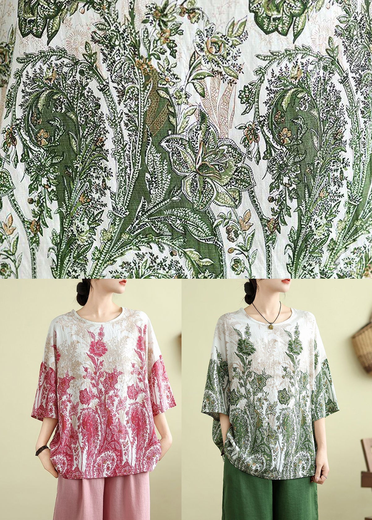 Haut d'été ample vert à col rond et patchwork