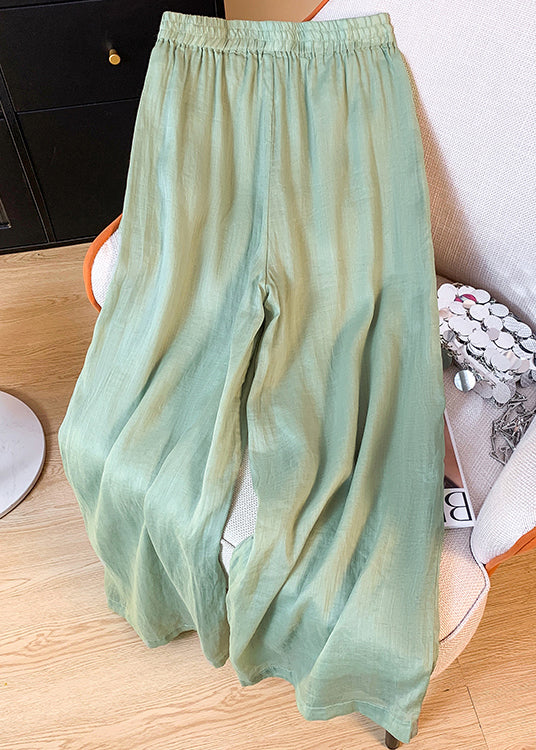 Embroidered Summer Waist Green Linen Pants Pockets Crop Elastic