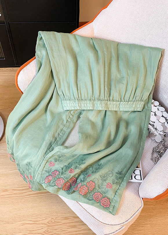 Embroidered Summer Waist Green Linen Pants Pockets Crop Elastic