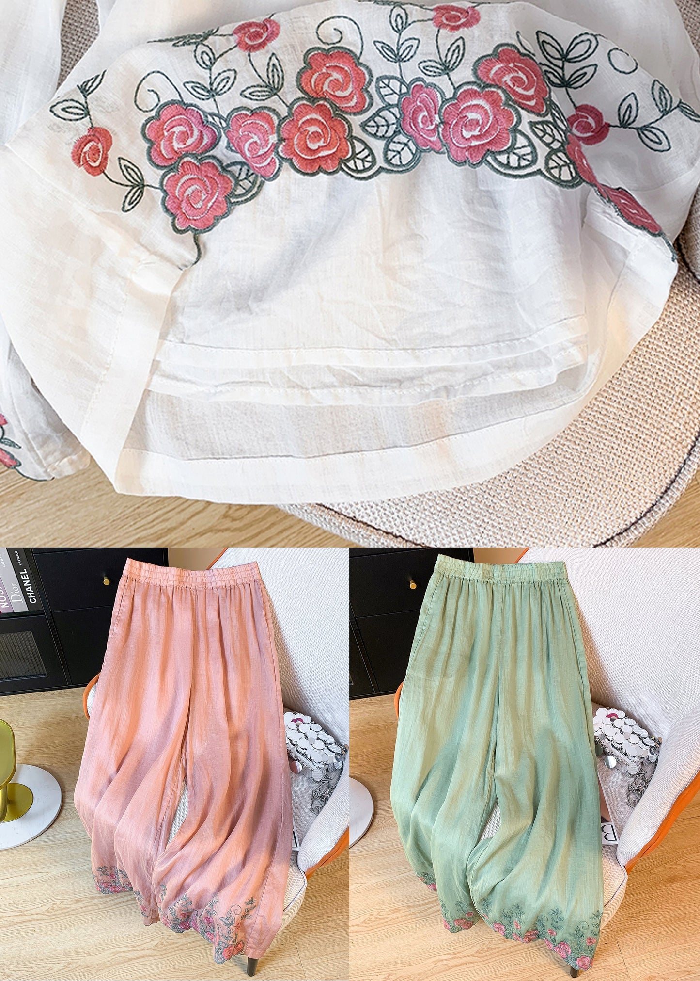 Embroidered Summer Waist Green Linen Pants Pockets Crop Elastic