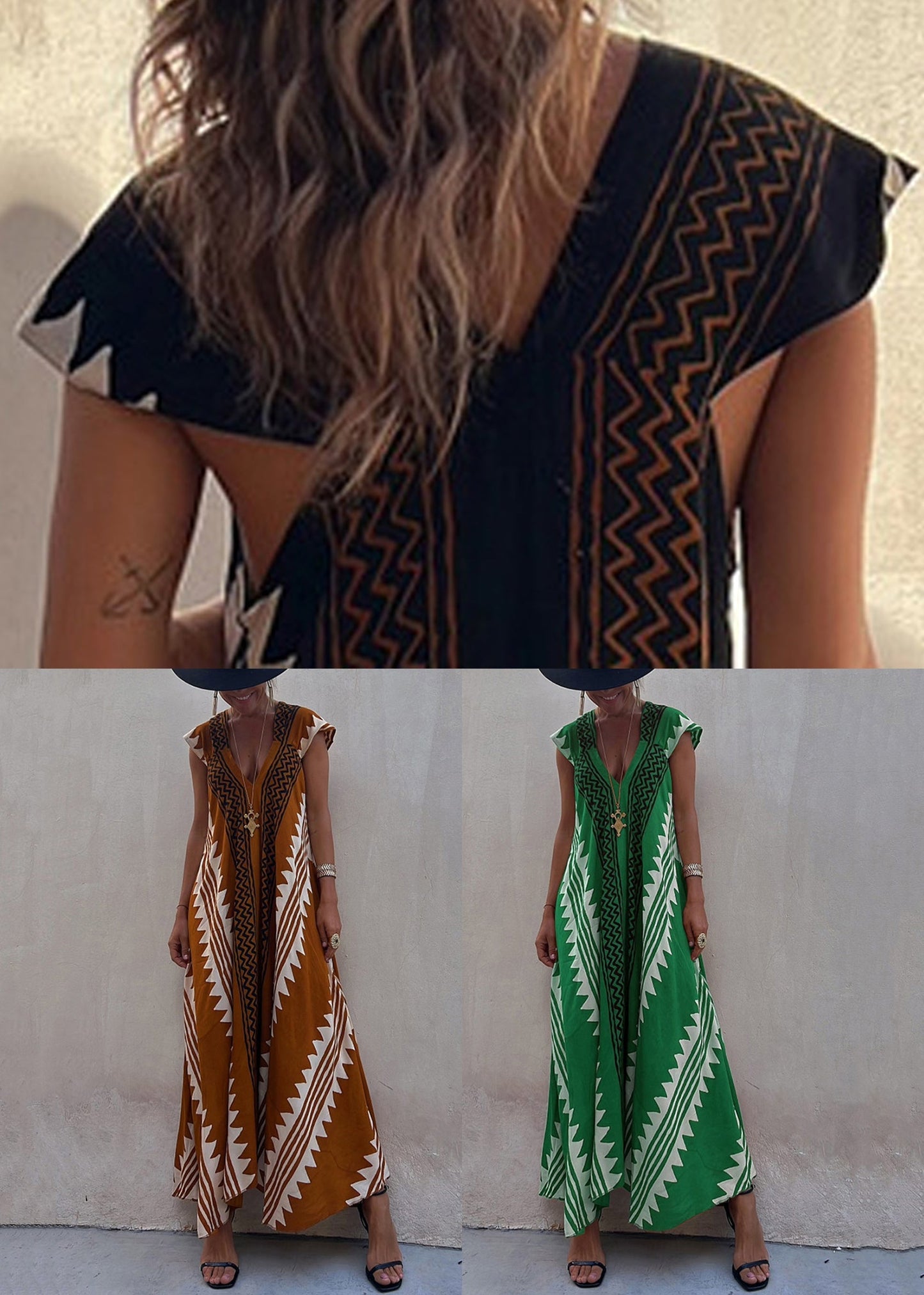 Grünes Print Chiffon Langes Kleid Asymmetrisch Sommer TL021