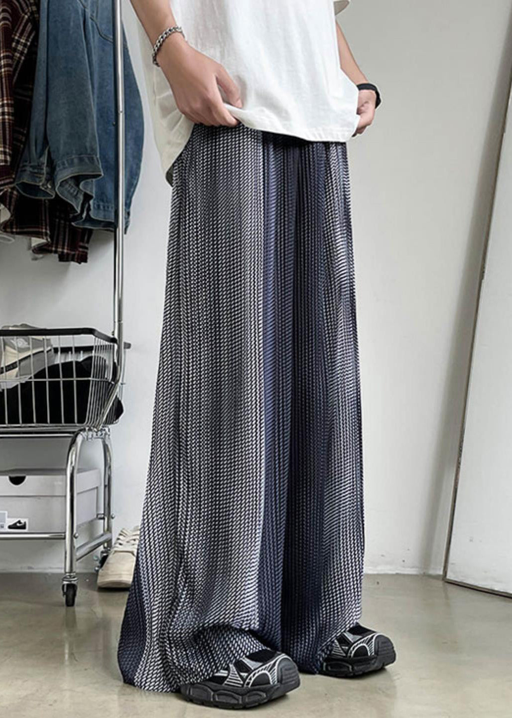 Pantalon d'été en soie élastique gris patchwork avec poches pour homme