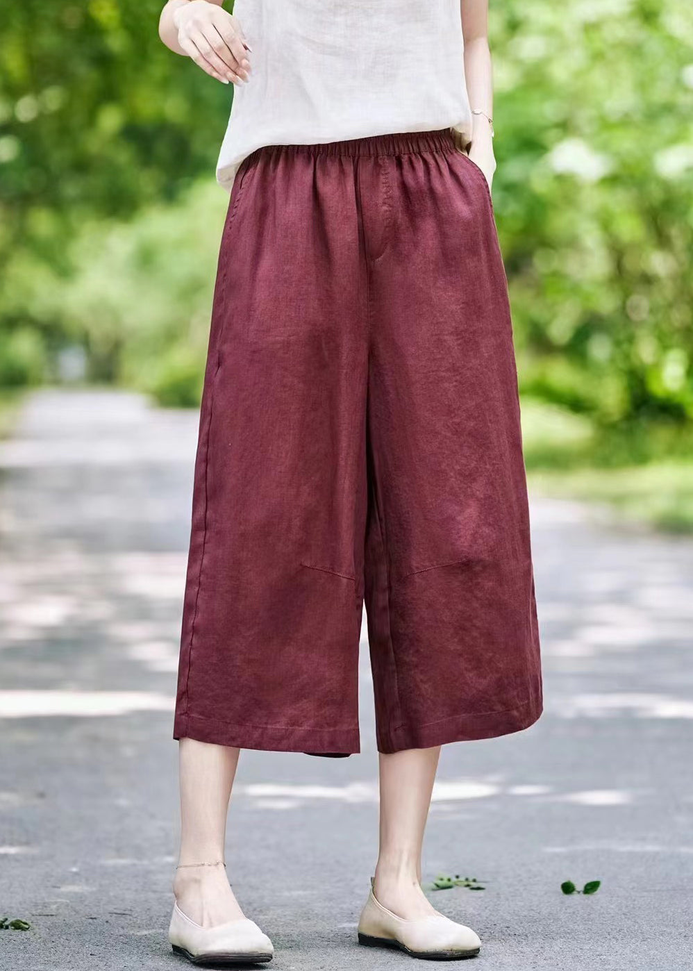 Pantalon d'été large et élastique en lin, taille unie, gris