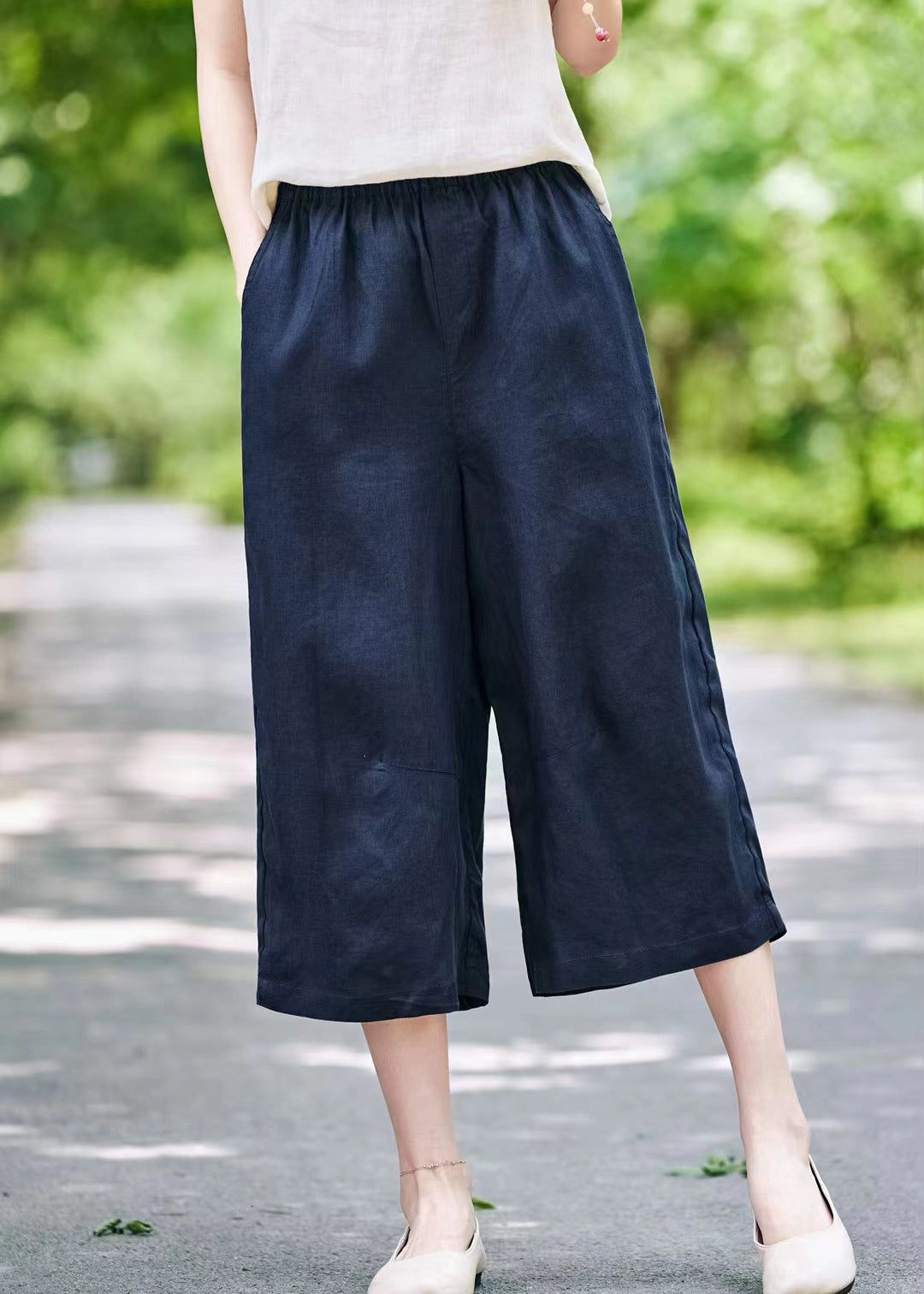 Pantalon d'été large et élastique en lin, taille unie, gris
