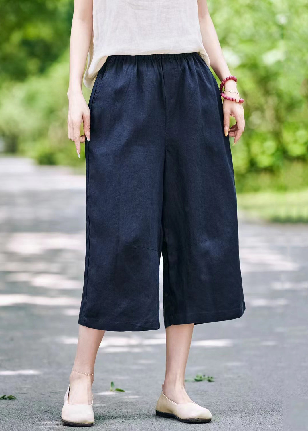 Pantalon d'été large et élastique en lin, taille unie, gris