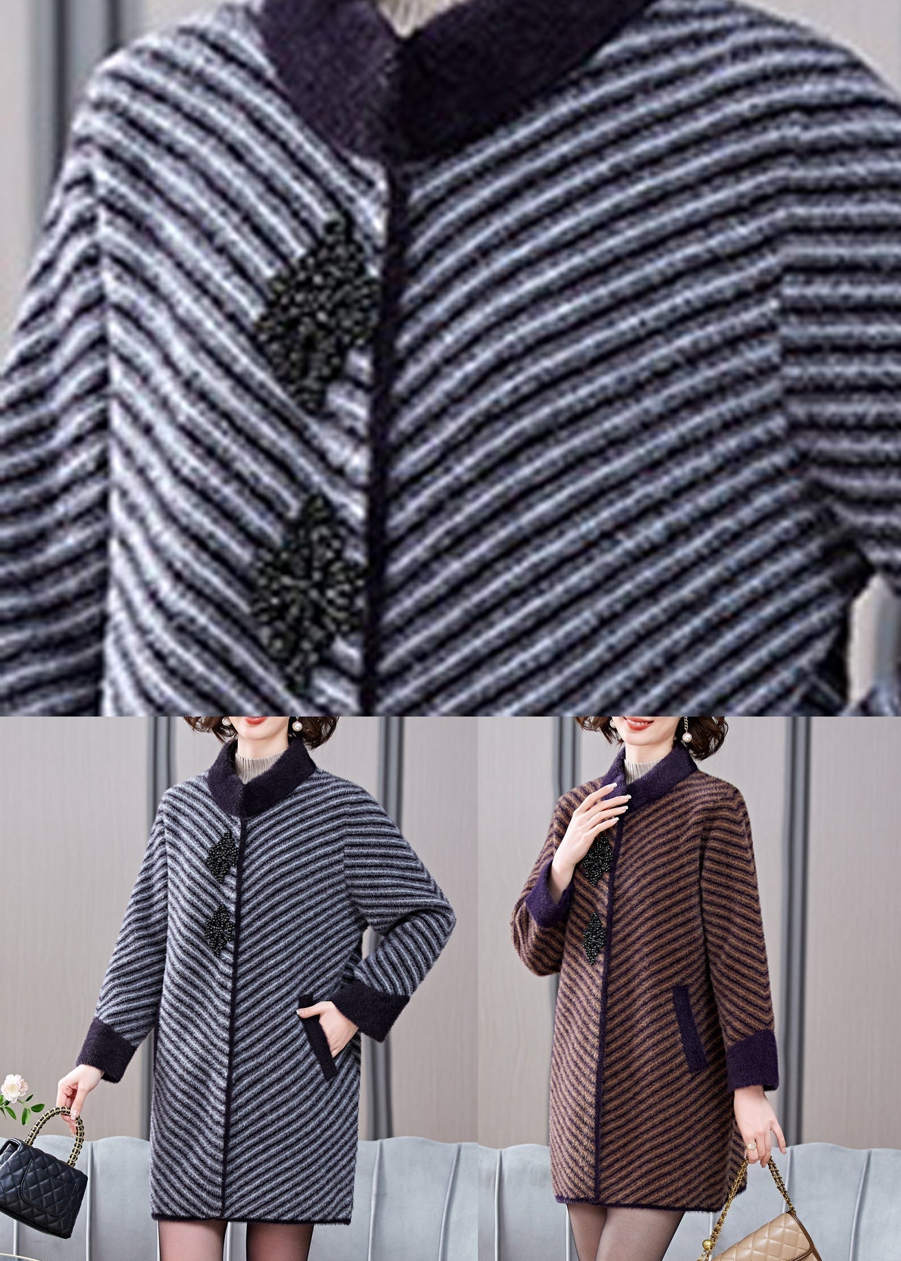 Grauer dicker Nerzsamtmantel mit Patchworktaschen, Frühling TA019