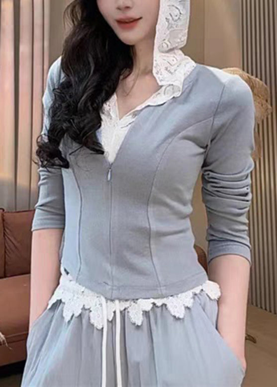 Ensemble pantalon gris avec sweat-shirt et fermeture éclair pour femme, deux pièces à capuche