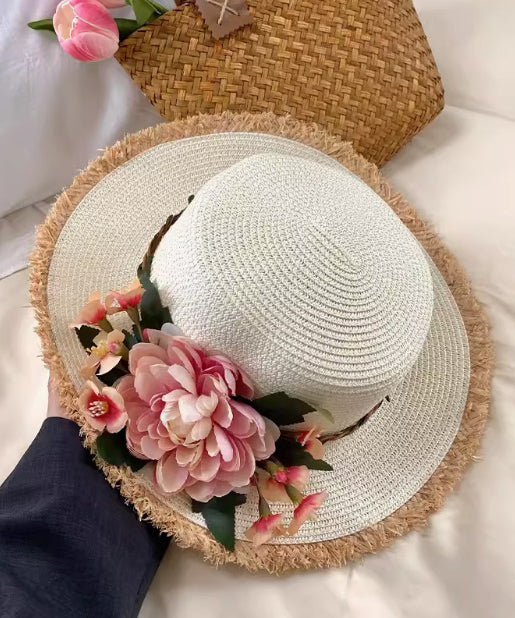 Woven Hat Straw Beige Handmade Cloche French Flower