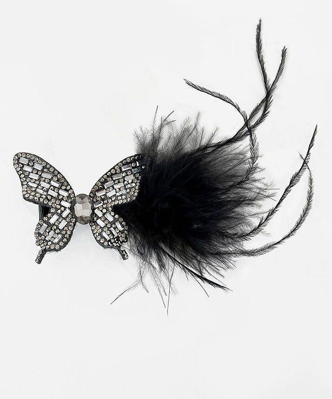 Hairpin Feathers Zircon Handmade Black Butterfly Alloy