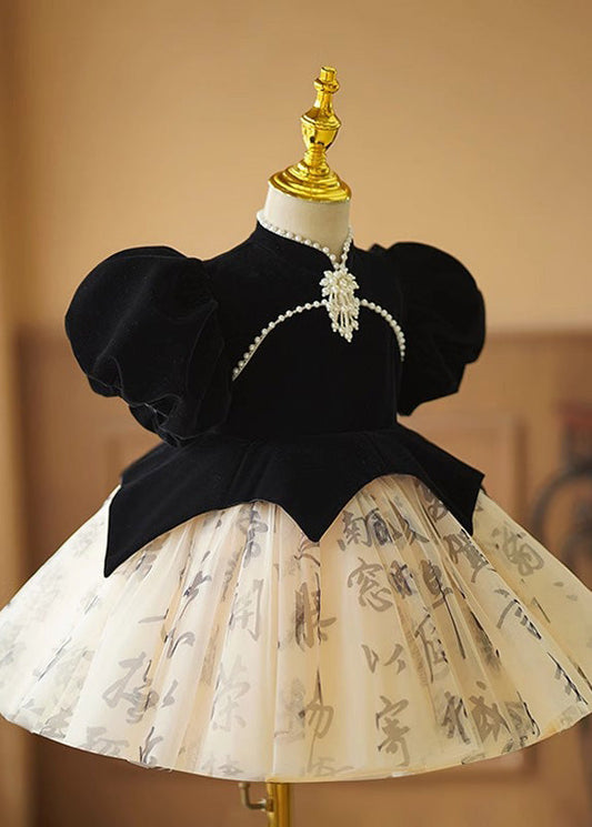 Robe longue noire en tulle patchwork à fleurs pour fille, courte, faite à la main