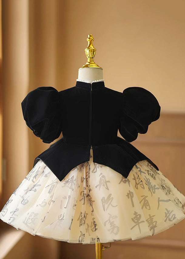 Tüll Patchwork Schwarz Lange Blumen Mädchen Kleider Kurze Handgemachte