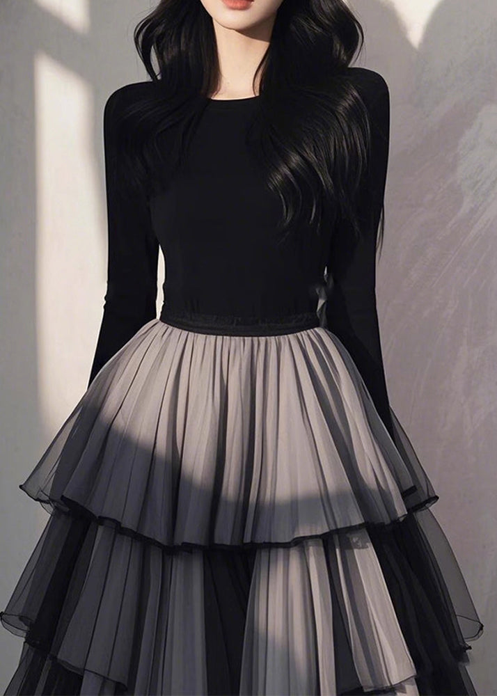 Wrinkled Black Patchwork Tulle Handmade Long Spring Dress