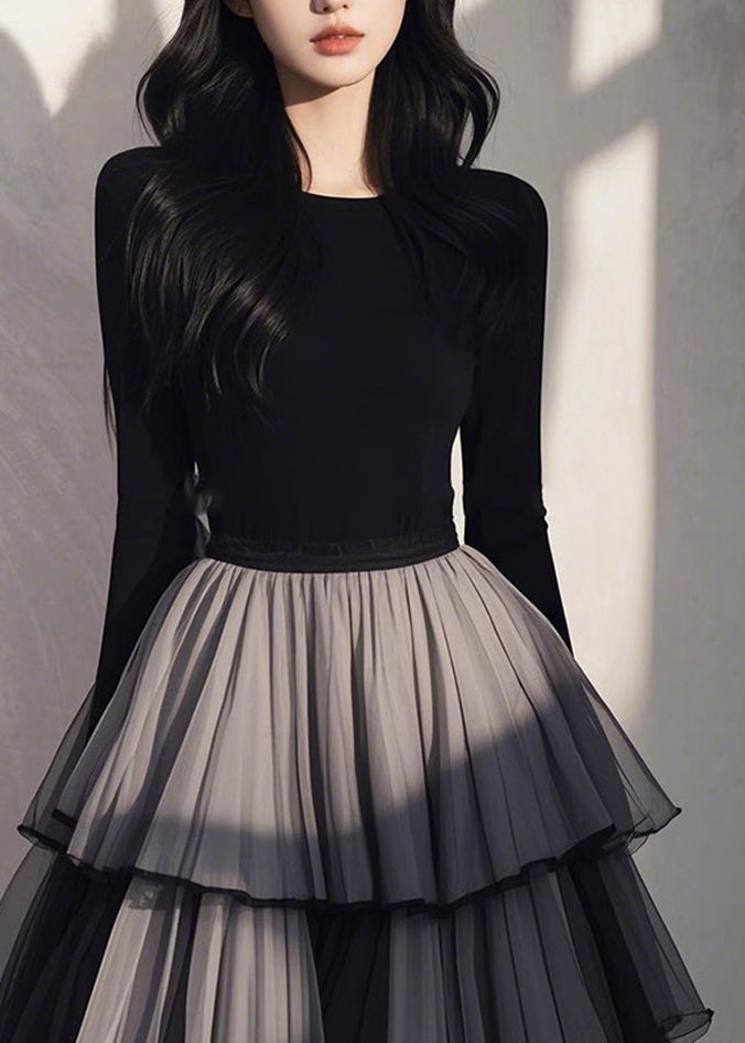 Robe longue de printemps en tulle patchwork noir froissé faite main