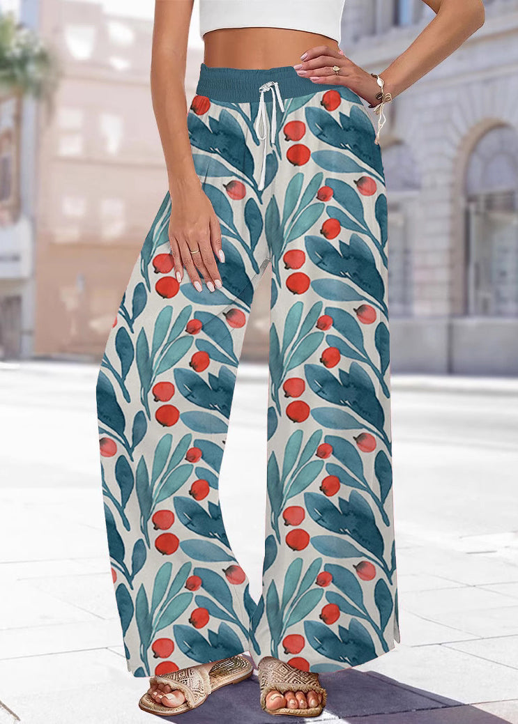 Pantalon jambe taille imprimé bleu été élastique fait main large