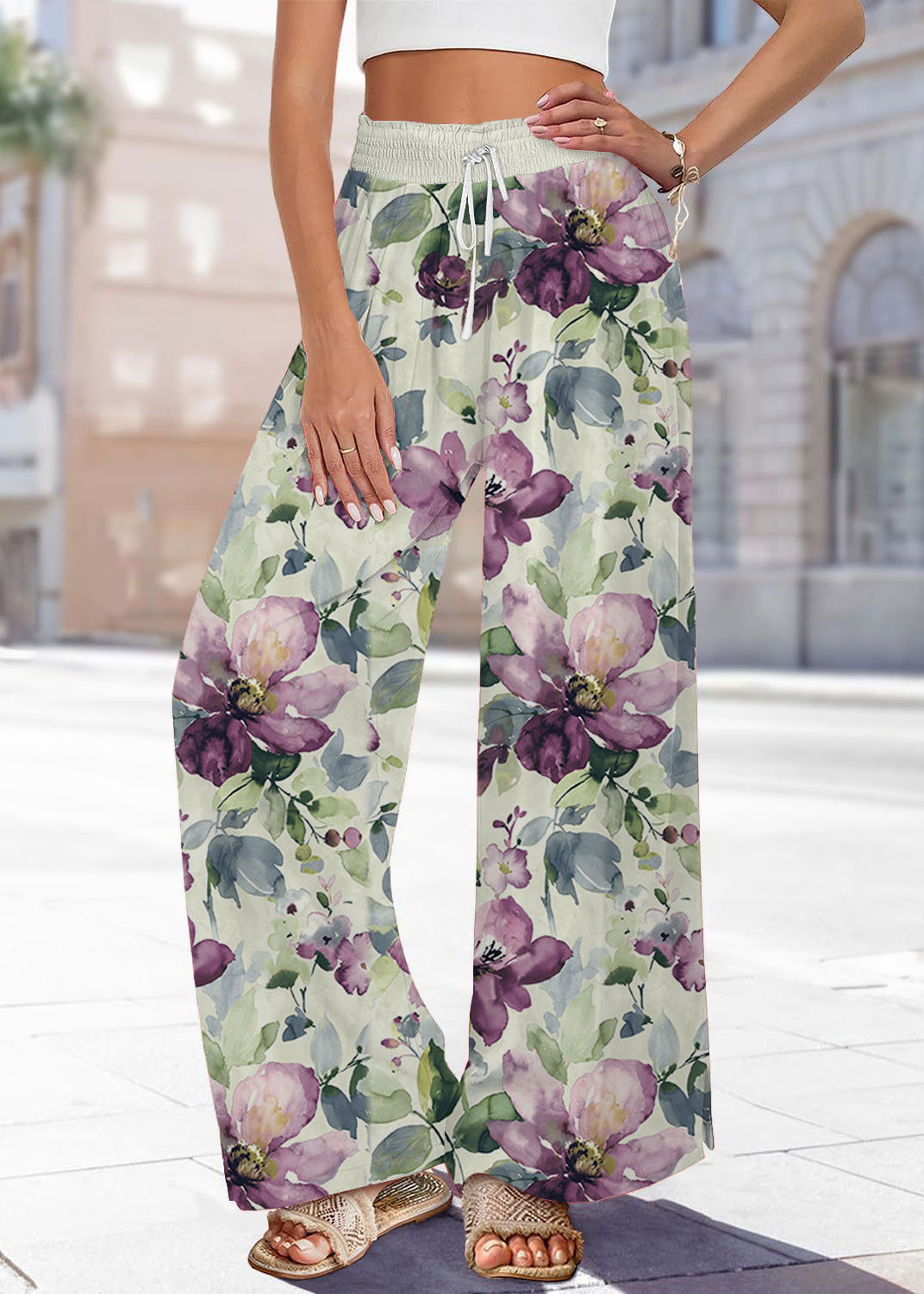 Pantalon jambe taille imprimé bleu été élastique fait main large