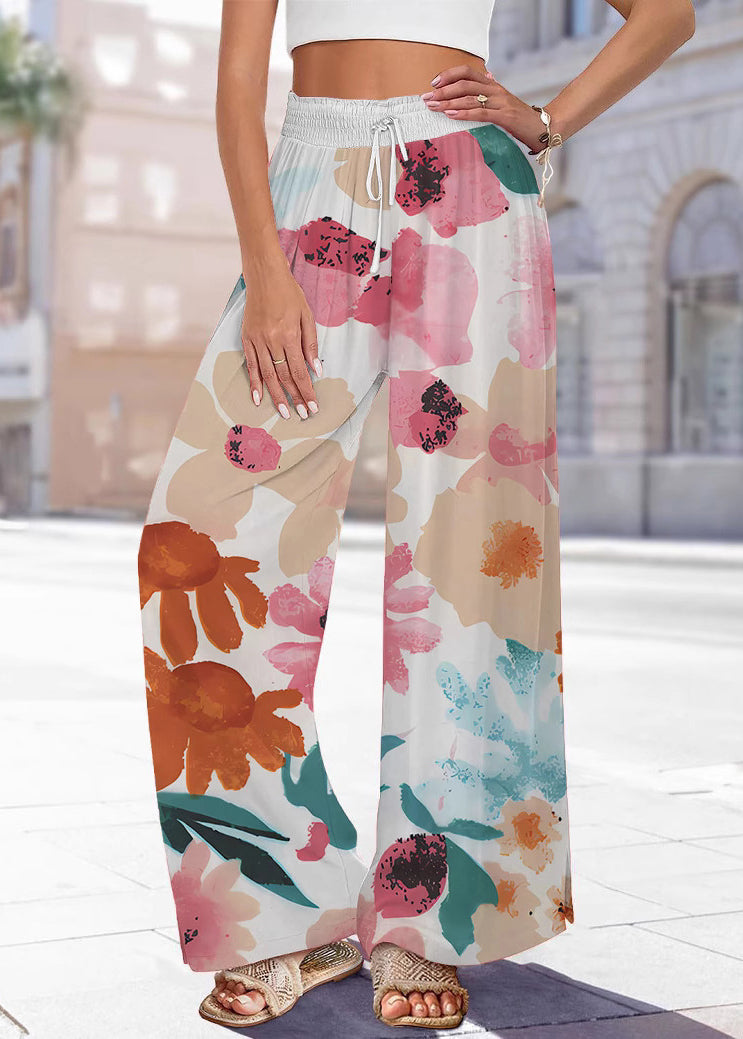 Pantalon jambe taille imprimé bleu été élastique fait main large