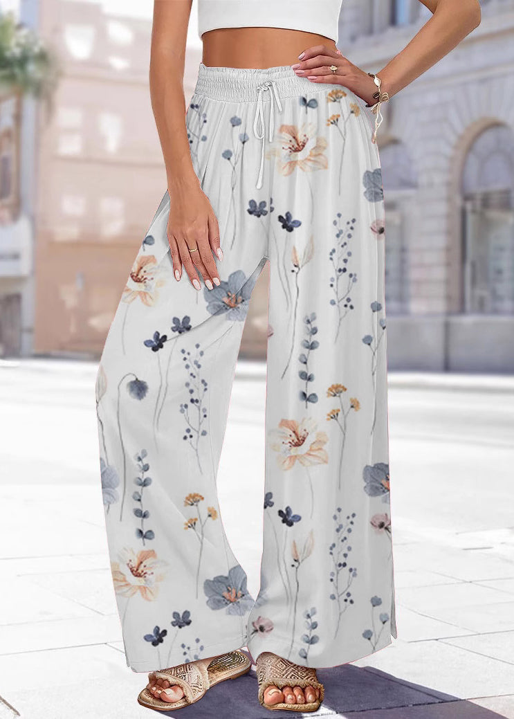 Pantalon jambe taille imprimé bleu été élastique fait main large