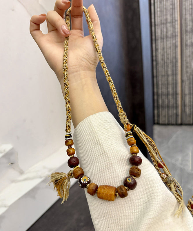 Collier de perles graduées à pampilles en émail coloré ancien tissé à la main marron QD011