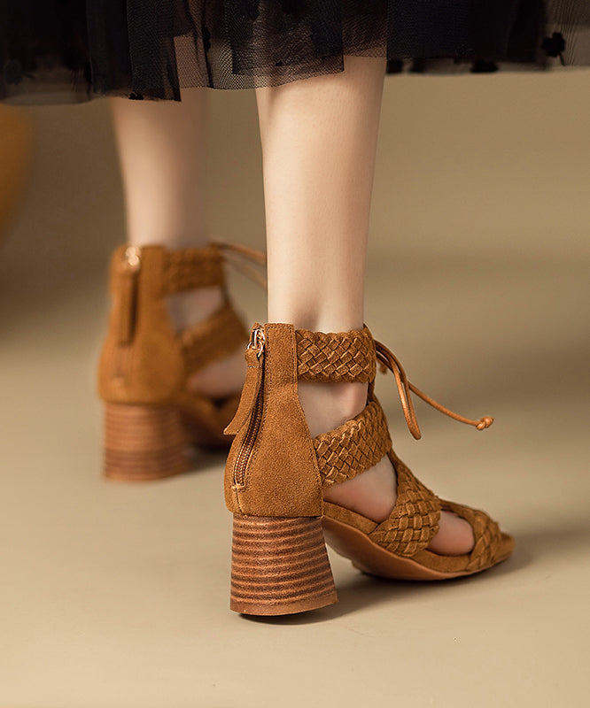 Hollow Brown Lace Out Sandals Chunky Splicing Handmade Boots Up