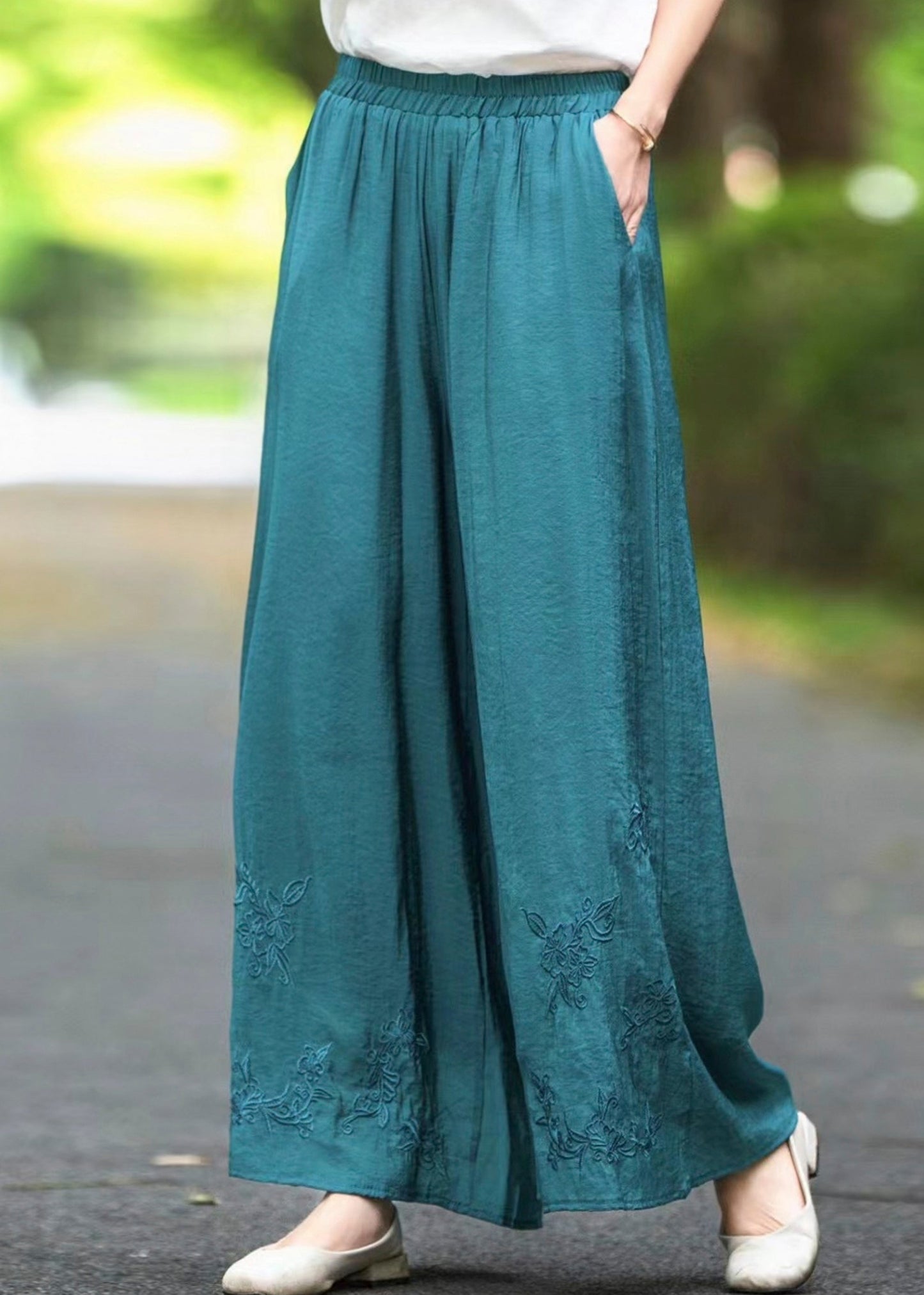 Pantalon en soie élastique fait main avec poches solides et taille marron pour l'été