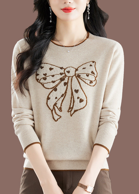 Pull en tricot de coton épais fait main avec col rond et nœud brodé, motif camel, hiver TE037