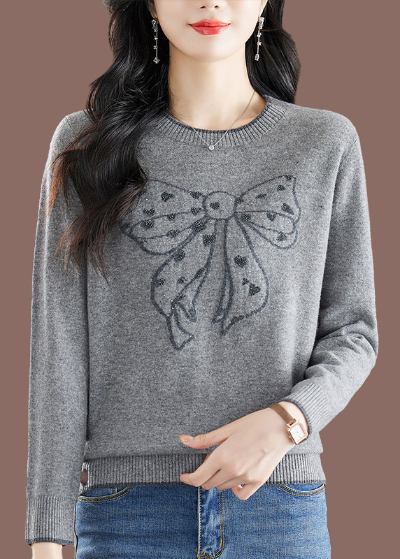 Pull en tricot de coton épais fait main avec col rond et nœud brodé, motif camel, hiver TE037