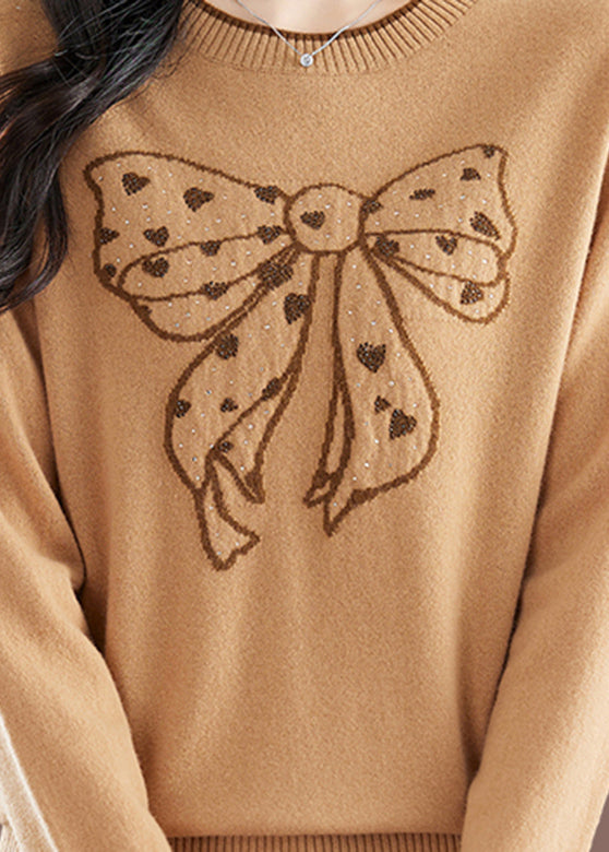 Pull en tricot de coton épais fait main avec col rond et nœud brodé, motif camel, hiver TE037