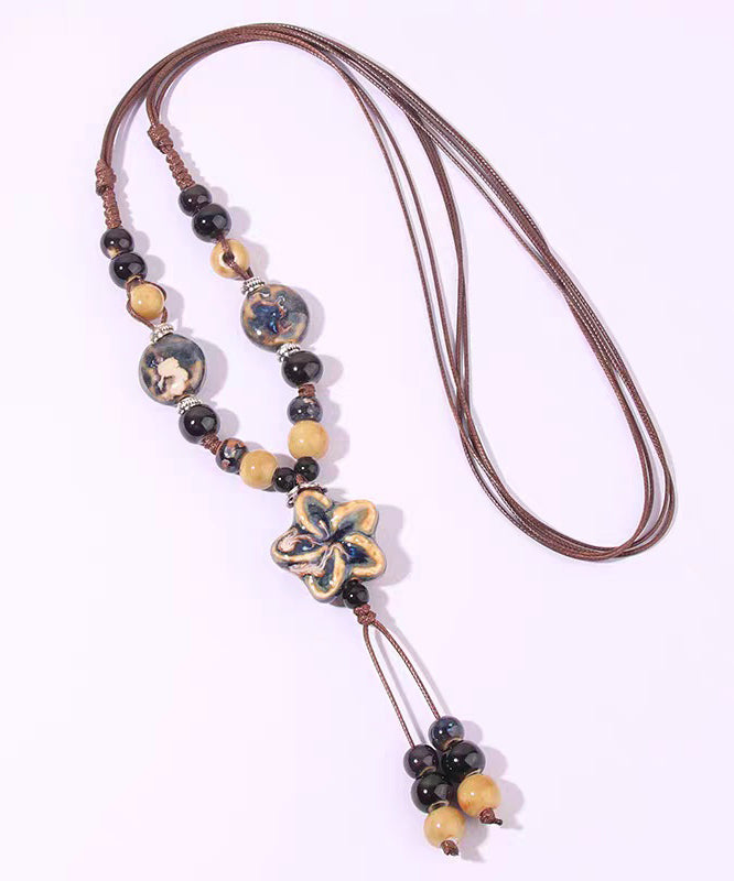 Coffee Alloy Pendant Wax Necklace Ceramic Rope Handmade