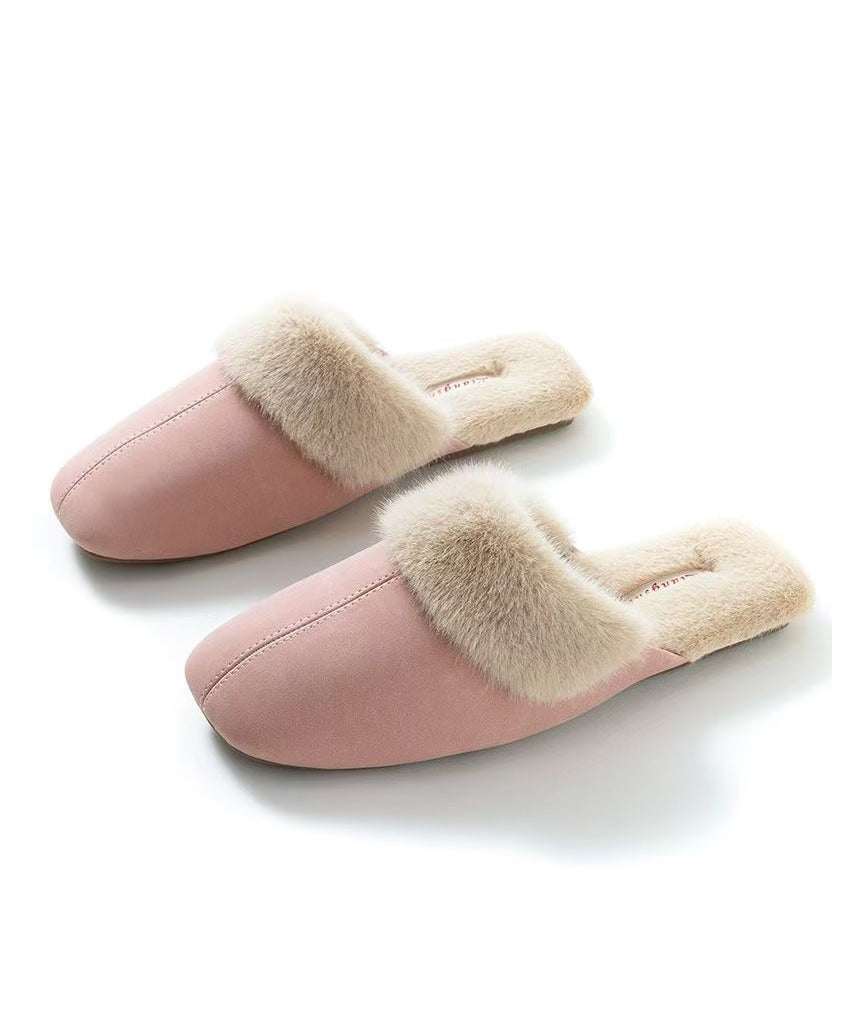 Chaussons confortables faits main en laine rose pelucheuse doublée RX017