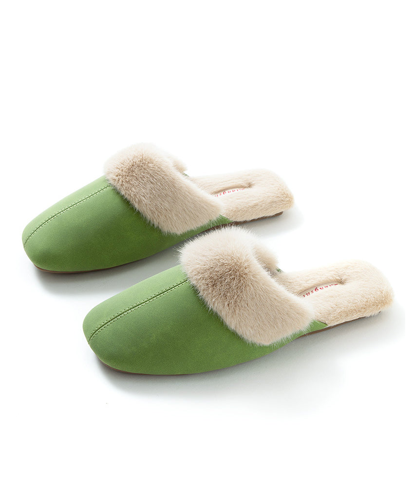 Chaussons confortables faits main en laine rose pelucheuse doublée RX017