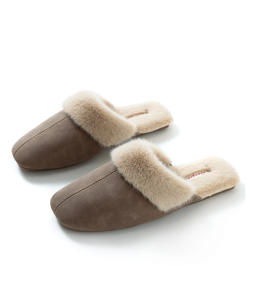 Chaussons confortables faits main en laine rose pelucheuse doublée RX017