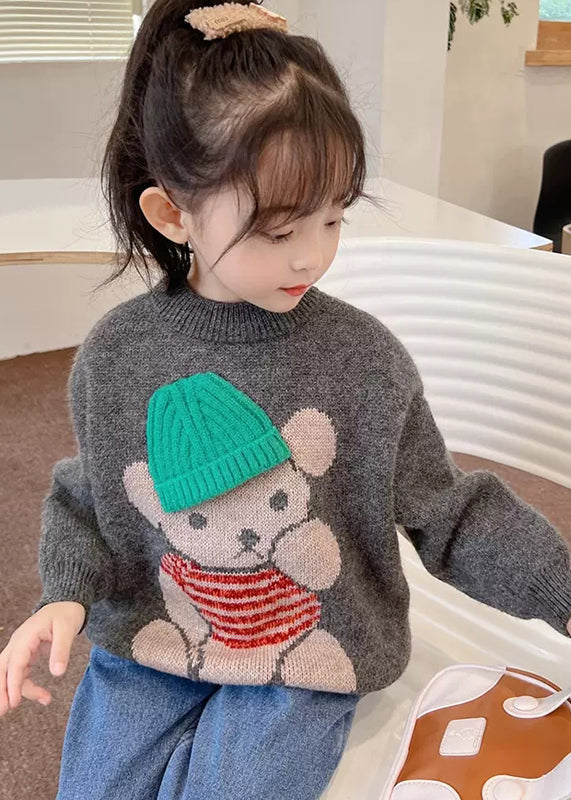 Pull en tricot de coton gris foncé imprimé dessin animé pour enfant, fait main, printemps TP038