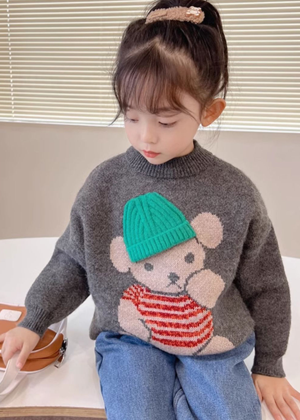 Pull en tricot de coton gris foncé imprimé dessin animé pour enfant, fait main, printemps TP038