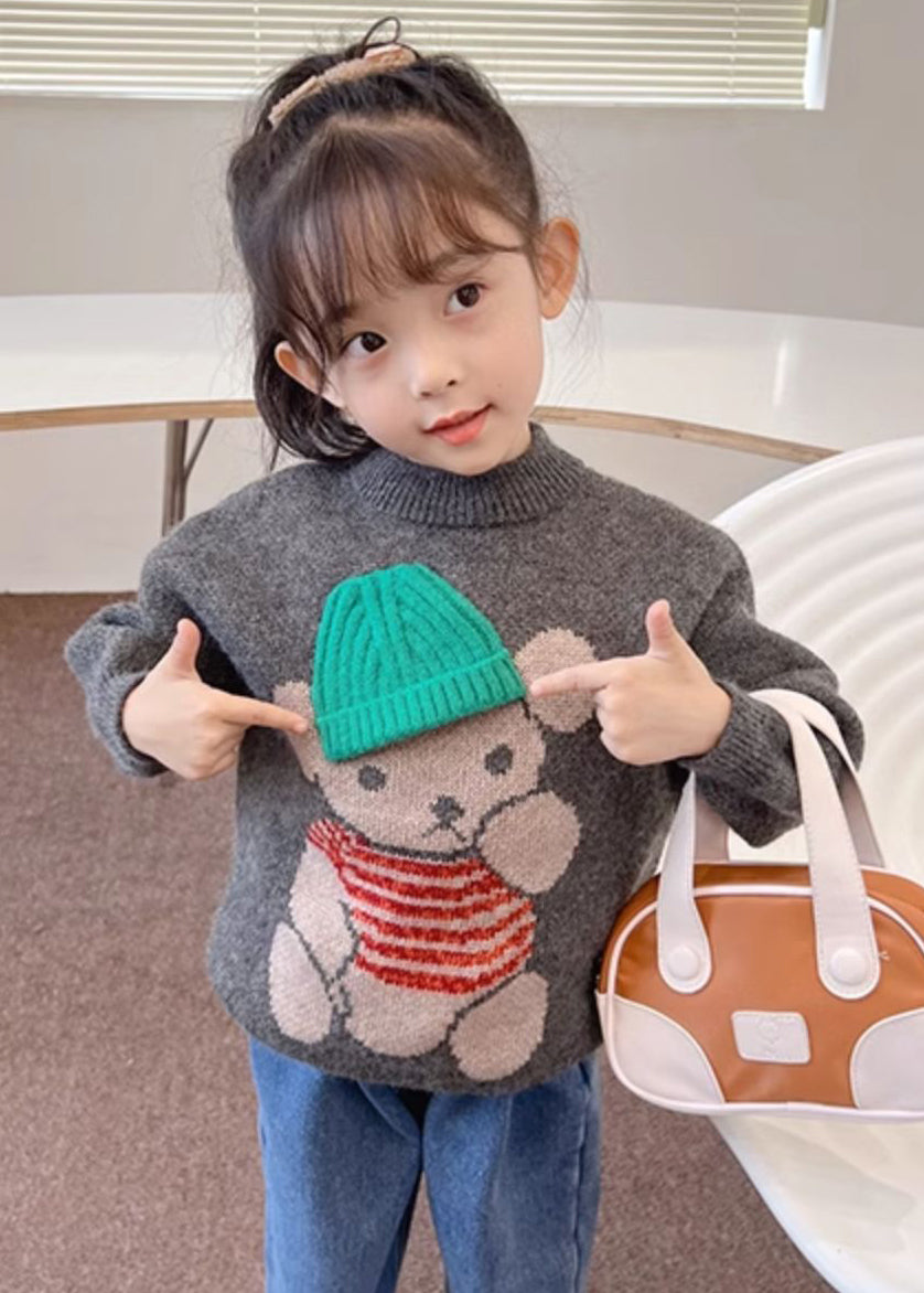 Pull en tricot de coton gris foncé imprimé dessin animé pour enfant, fait main, printemps TP038