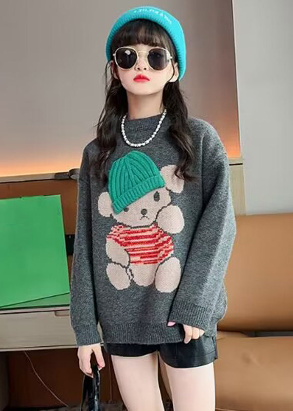 Pull en tricot de coton gris foncé imprimé dessin animé pour enfant, fait main, printemps TP038