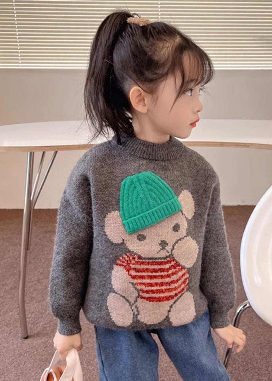 Pull en tricot de coton gris foncé imprimé dessin animé pour enfant, fait main, printemps TP038